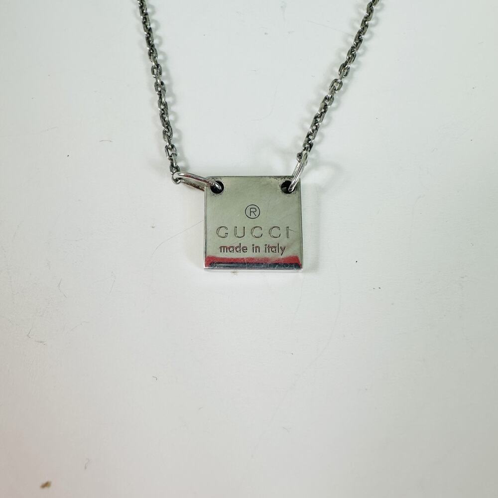 Gucci 925 Sterling Silver Square Logo Pendant Chain Necklace Made In Italy